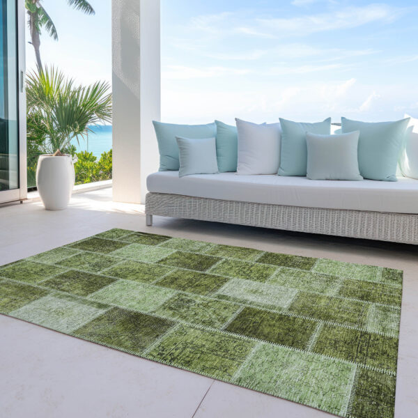 9' X 12' Olive Green And Artichoke Green Patchwork Washable Indoor Outdoor Area Rug