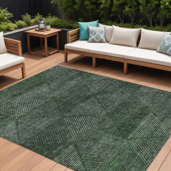 10' X 14' Fern Green And Emerald Geometric Washable Indoor Outdoor Area Rug