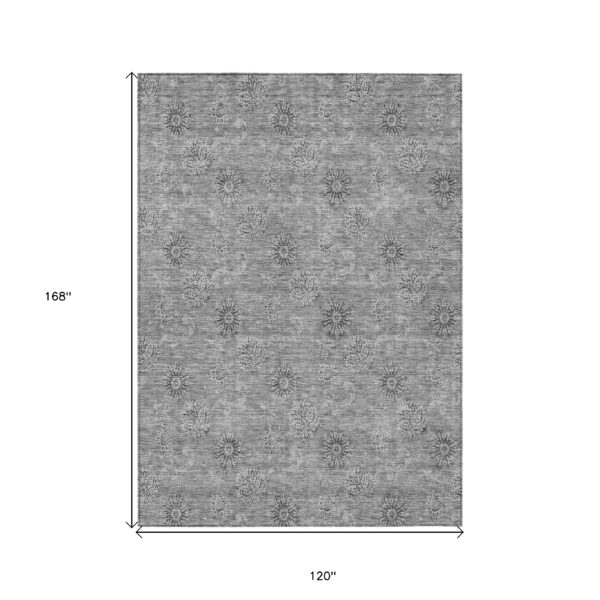 10' X 14' Pewter And Gray Floral Washable Indoor Outdoor Area Rug