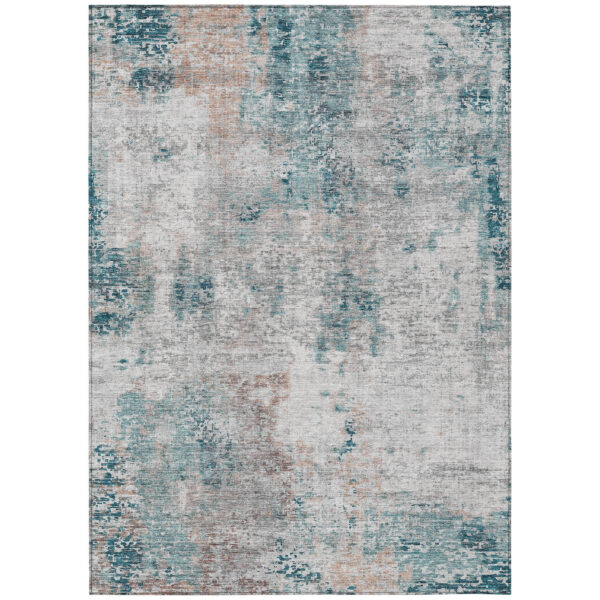 5' X 8' Teal Blue Beige And Copper Abstract Washable Indoor Outdoor Area Rug