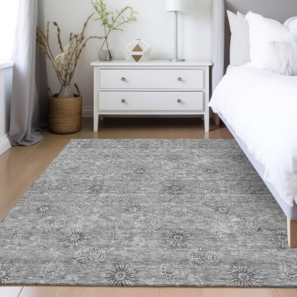 10' X 14' Pewter And Gray Floral Washable Indoor Outdoor Area Rug