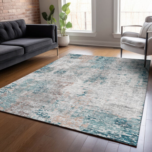 5' X 8' Teal Blue Beige And Copper Abstract Washable Indoor Outdoor Area Rug