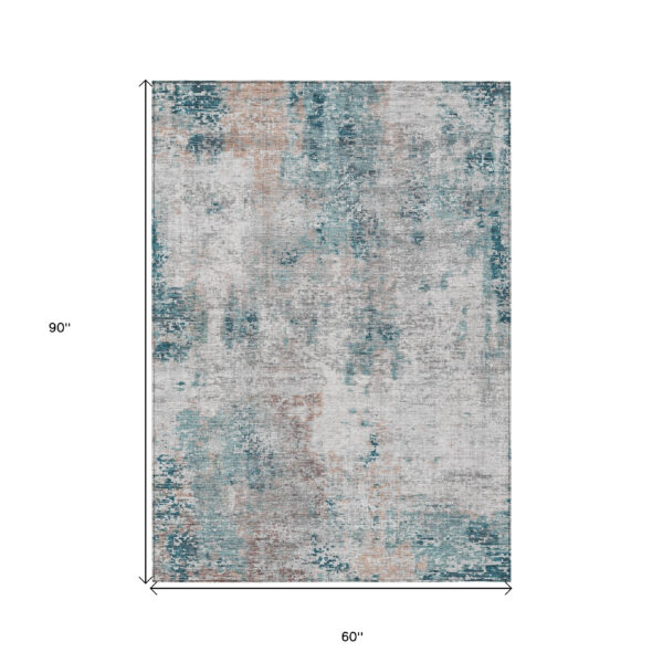 5' X 8' Teal Blue Beige And Copper Abstract Washable Indoor Outdoor Area Rug