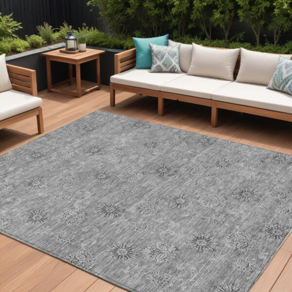 10' X 14' Pewter And Gray Floral Washable Indoor Outdoor Area Rug