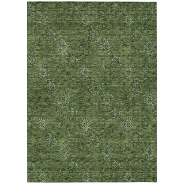 5' X 8' Olive Green And Green Floral Washable Indoor Outdoor Area Rug