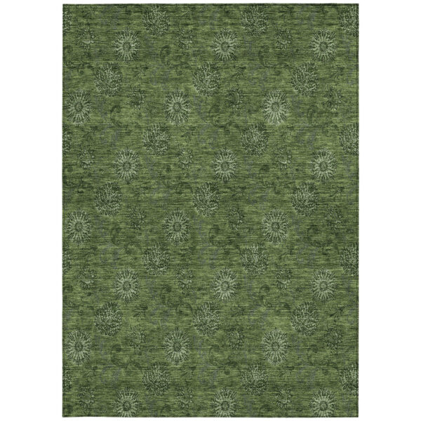 5' X 8' Olive Green And Green Floral Washable Indoor Outdoor Area Rug