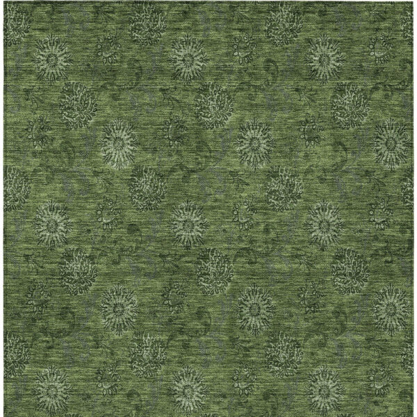 5' X 8' Olive Green And Green Floral Washable Indoor Outdoor Area Rug