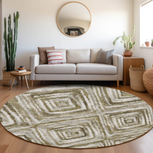 8' Brown Beige And Ivory Round Geometric Washable Indoor Outdoor Area Rug