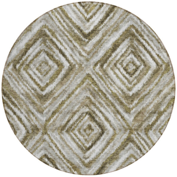 8' Brown Beige And Ivory Round Geometric Washable Indoor Outdoor Area Rug