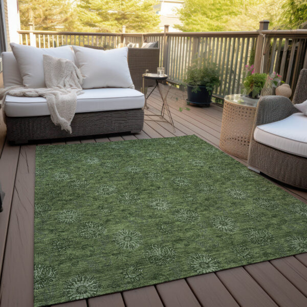 5' X 8' Olive Green And Green Floral Washable Indoor Outdoor Area Rug