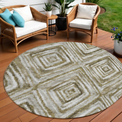8' Brown Beige And Ivory Round Geometric Washable Indoor Outdoor Area Rug
