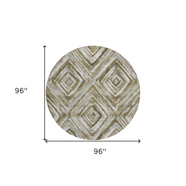 8' Brown Beige And Ivory Round Geometric Washable Indoor Outdoor Area Rug