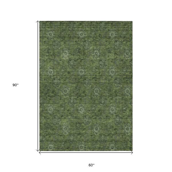 5' X 8' Olive Green And Green Floral Washable Indoor Outdoor Area Rug
