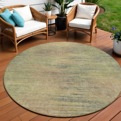 8' Artichoke Green Fern Green And Gold Round Abstract Washable Indoor Outdoor Area Rug