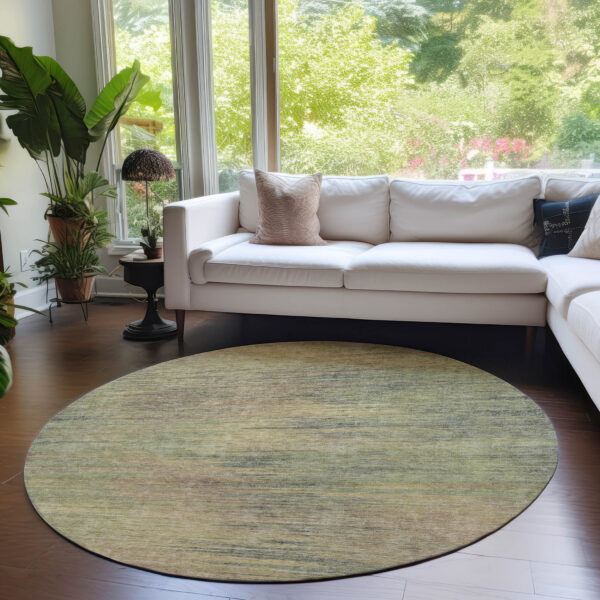 8' Artichoke Green Fern Green And Gold Round Abstract Washable Indoor Outdoor Area Rug