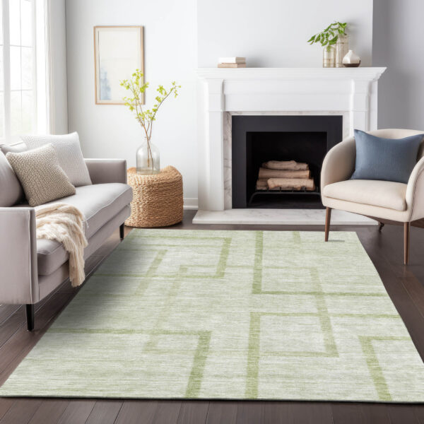9' X 12' Artichoke Green And Green Geometric Washable Indoor Outdoor Area Rug