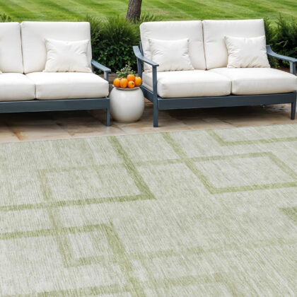 9' X 12' Artichoke Green And Green Geometric Washable Indoor Outdoor Area Rug