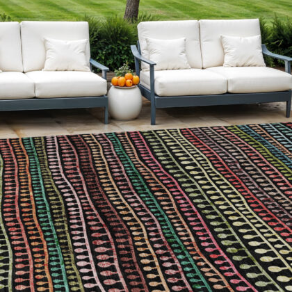 10' X 14' Black Green And Gold Striped Washable Indoor Outdoor Area Rug