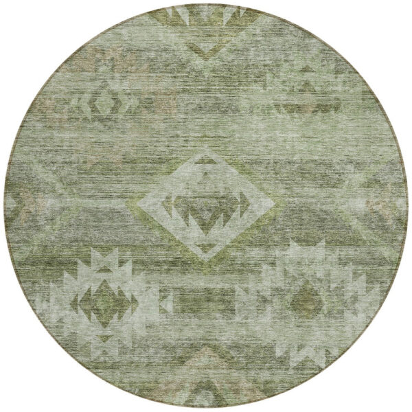 8' Olive Green And Fern Green Round Southwestern Washable Indoor Outdoor Area Rug