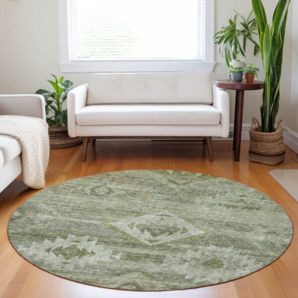 8' Olive Green And Fern Green Round Southwestern Washable Indoor Outdoor Area Rug