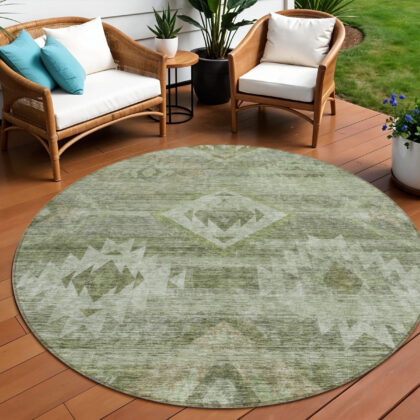 8' Olive Green And Fern Green Round Southwestern Washable Indoor Outdoor Area Rug