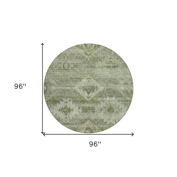 8' Olive Green And Fern Green Round Southwestern Washable Indoor Outdoor Area Rug