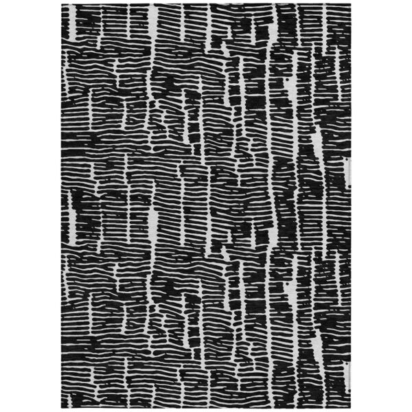 9' X 12' Black And Ivory Abstract Washable Indoor Outdoor Area Rug