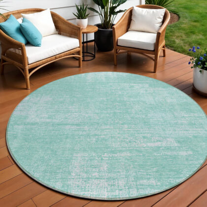 8' Turquoise And Teal Blue Round Abstract Washable Indoor Outdoor Area Rug