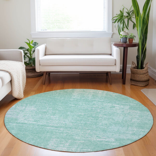8' Turquoise And Teal Blue Round Abstract Washable Indoor Outdoor Area Rug
