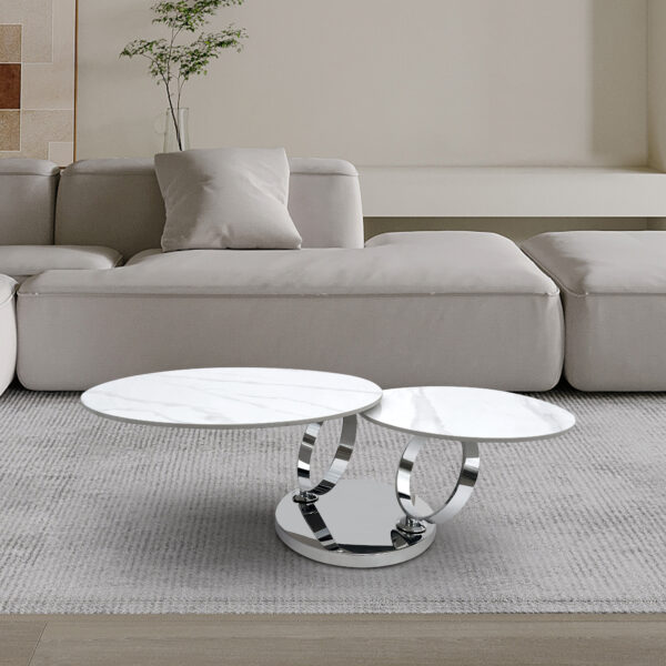 32" White And Silver Ceramic Tile And Metal Round Abstract Coffee Table