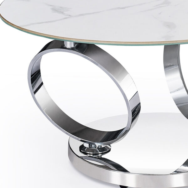 32" White And Silver Ceramic Tile And Metal Round Abstract Coffee Table