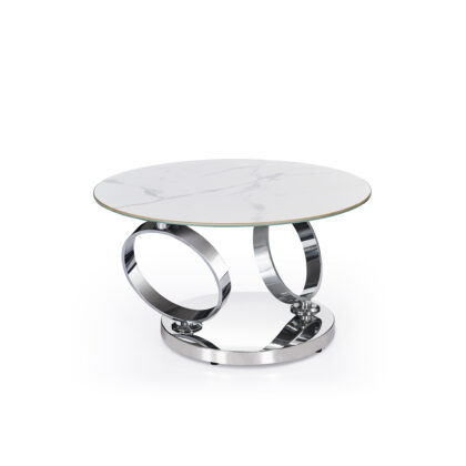 32" White And Silver Ceramic Tile And Metal Round Abstract Coffee Table