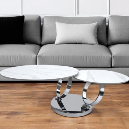 32" White And Silver Ceramic Tile And Metal Round Abstract Coffee Table