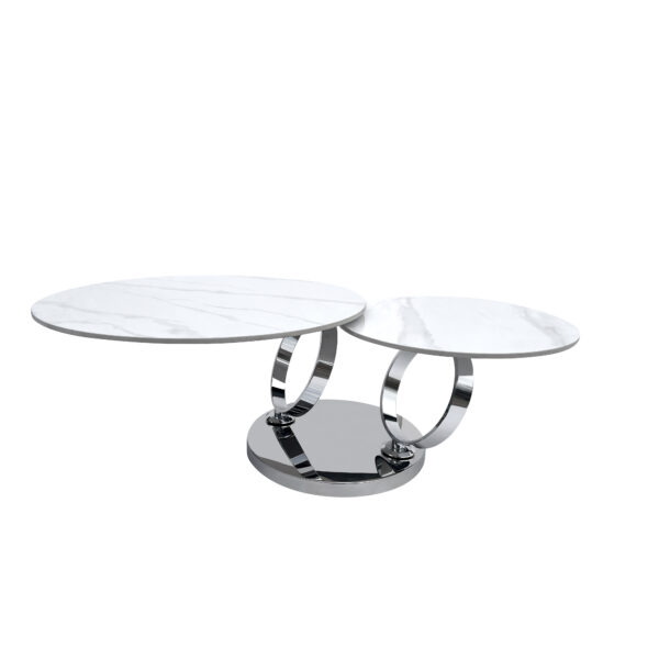 32" White And Silver Ceramic Tile And Metal Round Abstract Coffee Table