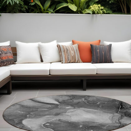 8' Round Gray Round Abstract Washable Non Skid Indoor Outdoor Area Rug