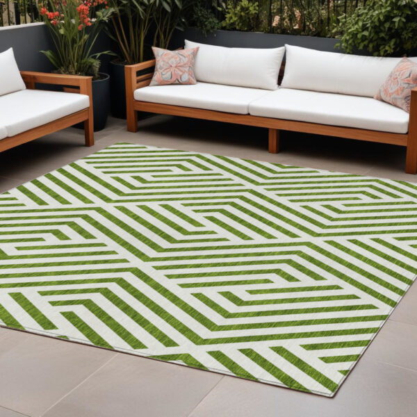 10' X 14' Lime Green and White Geometric Washable Non Skid Indoor Outdoor Area Rug