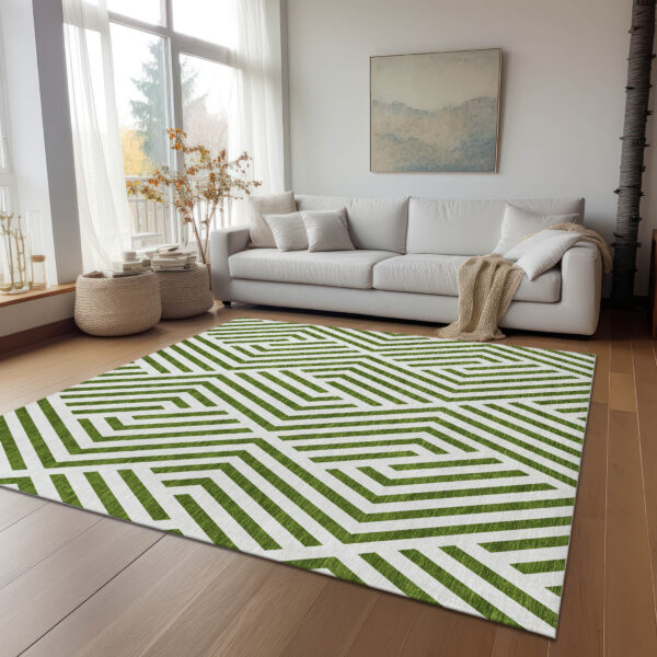 10' X 14' Lime Green and White Geometric Washable Non Skid Indoor Outdoor Area Rug