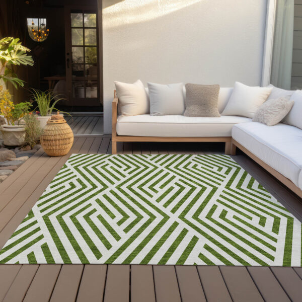 10' X 14' Lime Green and White Geometric Washable Non Skid Indoor Outdoor Area Rug