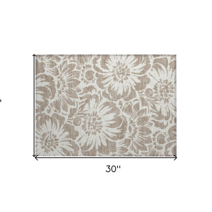 2' X 3' Taupe and Ivory Floral Washable Non Skid Indoor Outdoor Area Rug