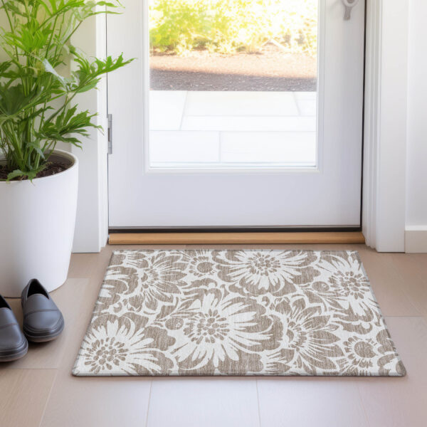 2' X 3' Taupe and Ivory Floral Washable Non Skid Indoor Outdoor Area Rug