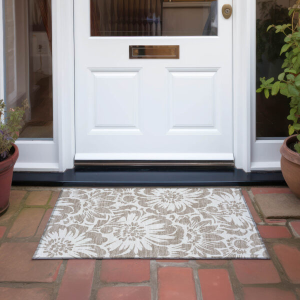 2' X 3' Taupe and Ivory Floral Washable Non Skid Indoor Outdoor Area Rug