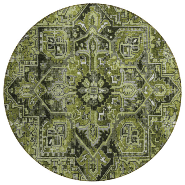 8' Round Olive Green and Dark Green Round Oriental Washable Non Skid Indoor Outdoor Area Rug