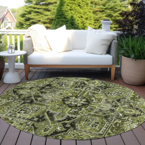 8' Round Olive Green and Dark Green Round Oriental Washable Non Skid Indoor Outdoor Area Rug