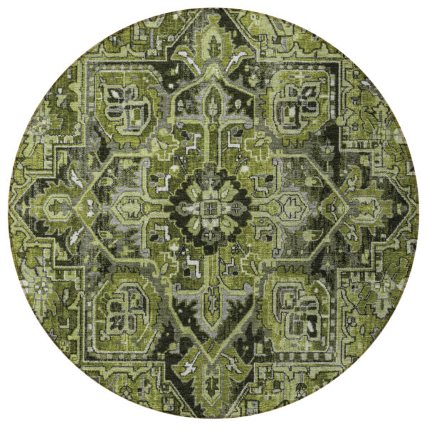 8' Round Olive Green and Dark Green Round Oriental Washable Non Skid Indoor Outdoor Area Rug