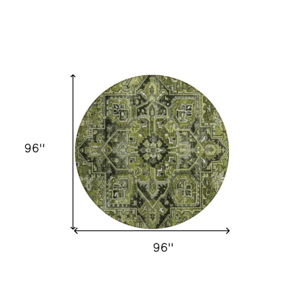 8' Round Olive Green and Dark Green Round Oriental Washable Non Skid Indoor Outdoor Area Rug