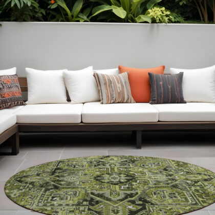 8' Round Olive Green and Dark Green Round Oriental Washable Non Skid Indoor Outdoor Area Rug