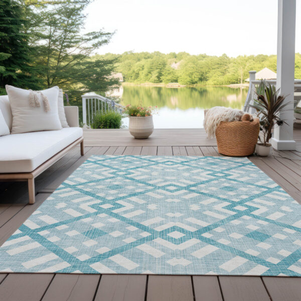 3' X 5' Teal Blue Aqua And Ivory Geometric Washable Indoor Outdoor Area Rug