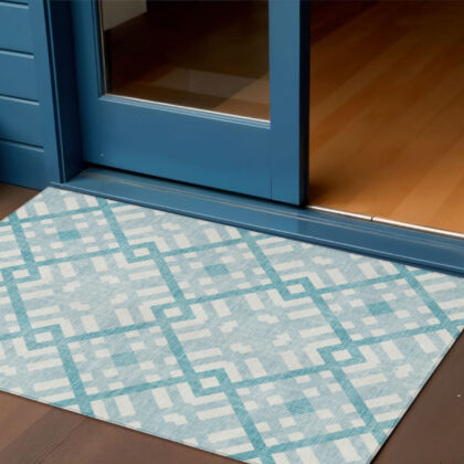 3' X 5' Teal Blue Aqua And Ivory Geometric Washable Indoor Outdoor Area Rug