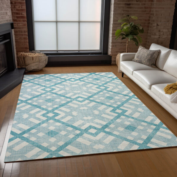 3' X 5' Teal Blue Aqua And Ivory Geometric Washable Indoor Outdoor Area Rug