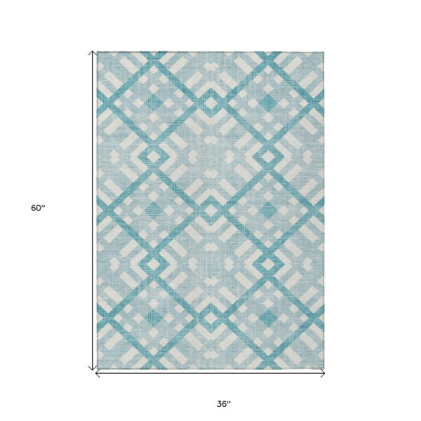 3' X 5' Teal Blue Aqua And Ivory Geometric Washable Indoor Outdoor Area Rug